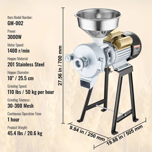 Electric Grain Mill Grinder 3000W Spice GrindersCommercial Corn Mill with FunnelThickness Adjustable Powder MachineHeavy Duty Feed Flour Cereal Mill Wheat GrindersDry Grinder