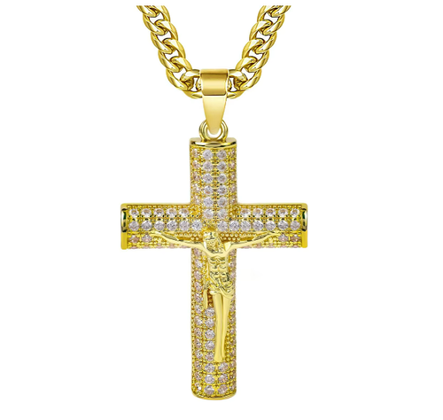 Iced-Out Gold Cross Pendant with Rope Chain – Bling Hip Hop Fashion Jewelry