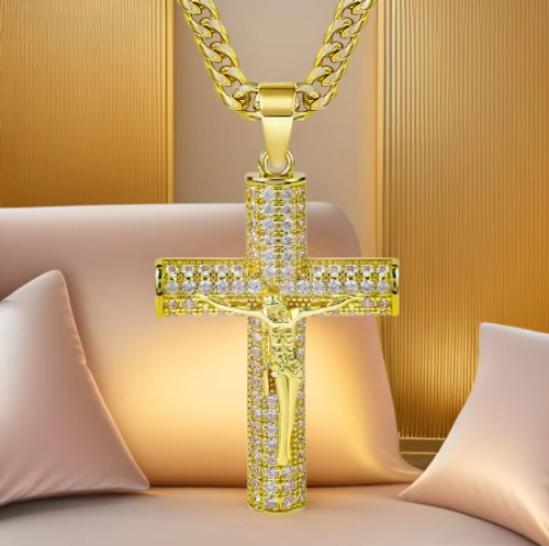 Iced-Out Gold Cross Pendant with Rope Chain – Bling Hip Hop Fashion Jewelry