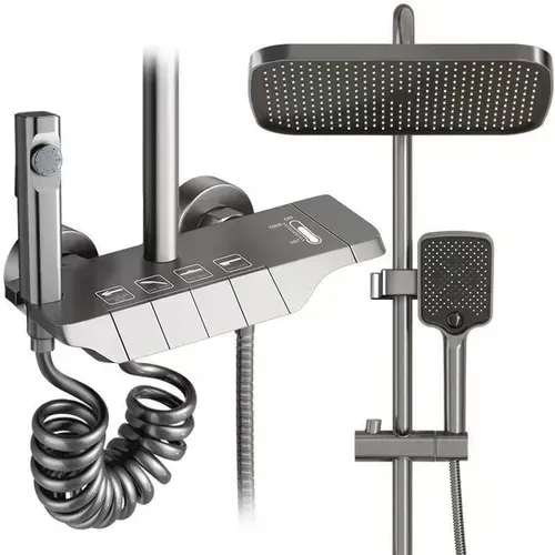 Bathroom Shower Faucet Set 4 Functions Digital Display Shower Thermostat Gray Black High Pressure Discharge Copper Taps