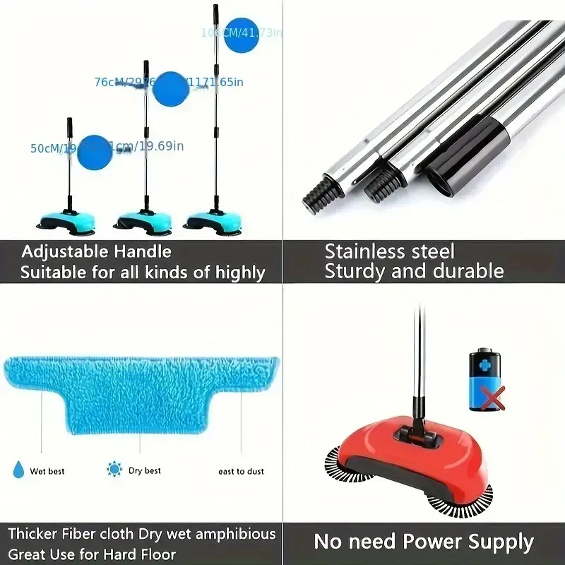 🧹✨3 in 1 multifunctional hand-push sweeper and vacuum cleaner, can remove garbage, pet hair and dust, wet and dry, suitable for hardwood tiles, comes with 2 cloths