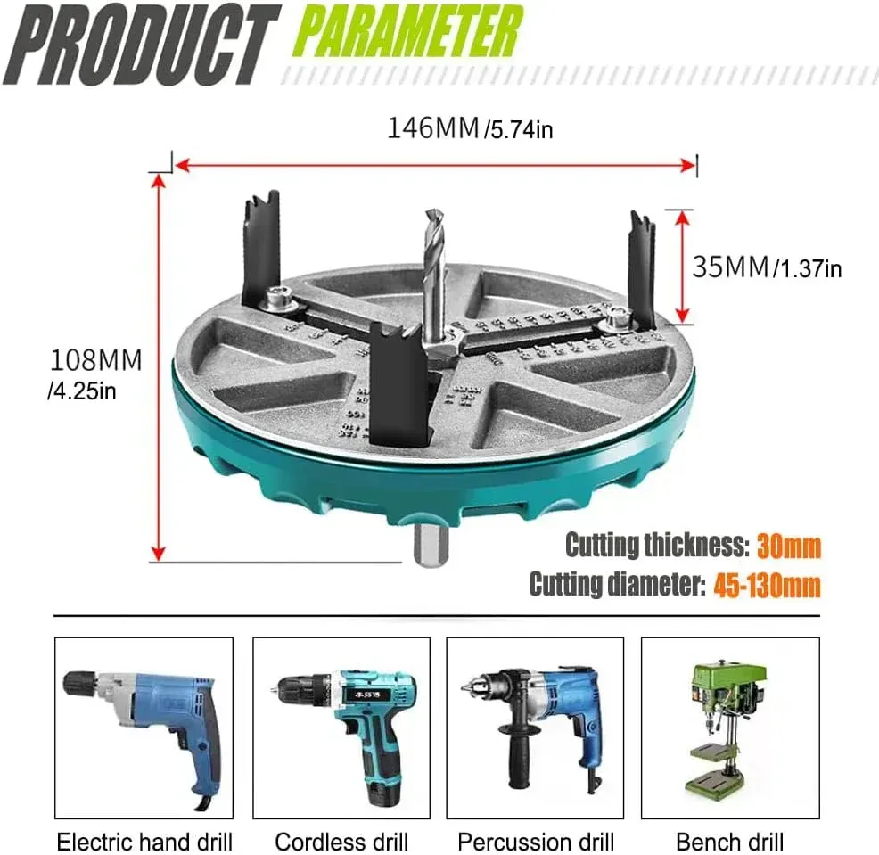 Adjustable Round Hole Saw Tool, Adjustable Hole Saw 1.8in to 5.1in Dia Special note: This product does not include the machine, only the drill bit(Frame saw+6 Spare Tips)