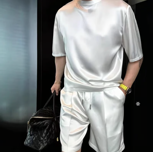 🔥High Quality Men's Mercerized Cotton Casual Solid Color Top and Shorts Two-Piece Set Loose fit, suitable for all occasions