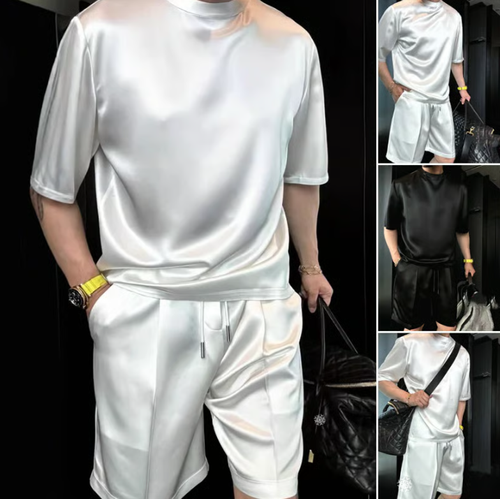 🔥High Quality Men's Mercerized Cotton Casual Solid Color Top and Shorts Two-Piece Set Loose fit, suitable for all occasions