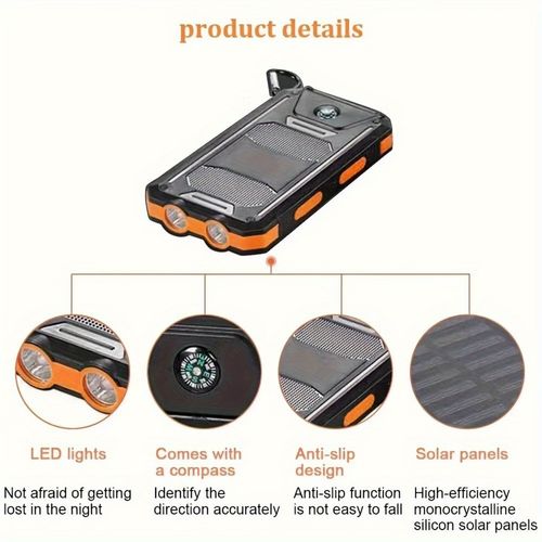 Portable Solar Power Bank | Camping External Battery Charger for Mobile Phones with 2 USBLED Flashlights and Compass for Outdoor Activities