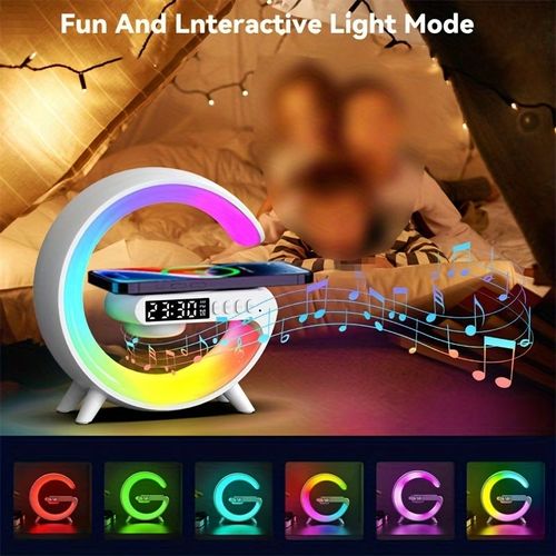 RGB Wireless Charger3-in-1 Wireless Charger with RGB Color Changing Night Light & Wireless Speaker | Alarm Clock Desk Lamp Qi Charging for iPhone Android Samsung | Adjustable Brightness Mood Lighting USB Port Snooze Function Bedside Lamp Ambient Light