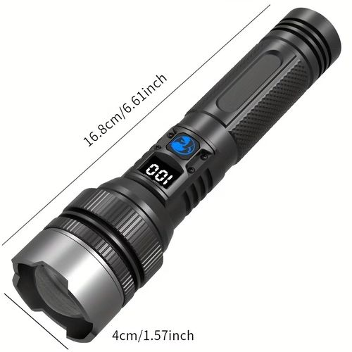 1 Rechargeable Super Bright LED Flashlight | Multi-Functional Outdoor Portable Floodlight with Digital Display, Adjustable Zoom, Type-C Charging, Durable Camping Emergency Light for Camping, Fishing, Hunting.Ip44