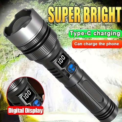 1 Rechargeable Super Bright LED Flashlight | Multi-Functional Outdoor Portable Floodlight with Digital Display, Adjustable Zoom, Type-C Charging, Durable Camping Emergency Light for Camping, Fishing, Hunting.Ip44
