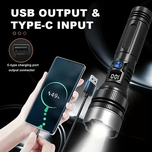 1 Rechargeable Super Bright LED Flashlight | Multi-Functional Outdoor Portable Floodlight with Digital Display, Adjustable Zoom, Type-C Charging, Durable Camping Emergency Light for Camping, Fishing, Hunting.Ip44