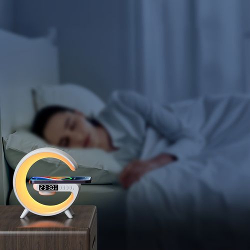 RGB Wireless Charger3-in-1 Wireless Charger with RGB Color Changing Night Light & Wireless Speaker | Alarm Clock Desk Lamp Qi Charging for iPhone Android Samsung | Adjustable Brightness Mood Lighting USB Port Snooze Function Bedside Lamp Ambient Light