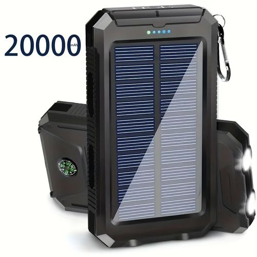 Portable Solar Power Bank | Camping External Battery Charger for Mobile Phones with 2 USBLED Flashlights and Compass for Outdoor Activities