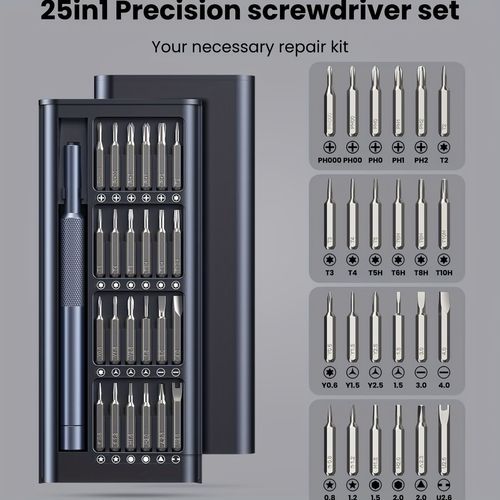 A Compact 25-In-1 Screwdriver Kit Featuring 25 Precision Tools, Suitable for Repairing Electronics, Smartphones, Computers, Watches, And Jewelry. This Metal Repair Set Includes Small And Flat Screws for Tech Maintenance