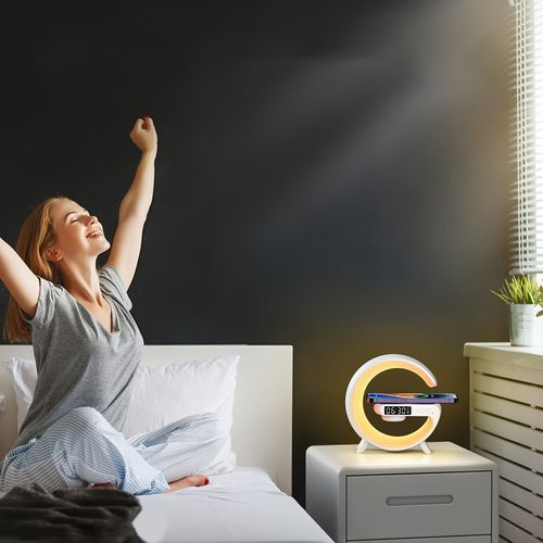 RGB Wireless Charger3-in-1 Wireless Charger with RGB Color Changing Night Light & Wireless Speaker | Alarm Clock Desk Lamp Qi Charging for iPhone Android Samsung | Adjustable Brightness Mood Lighting USB Port Snooze Function Bedside Lamp Ambient Light