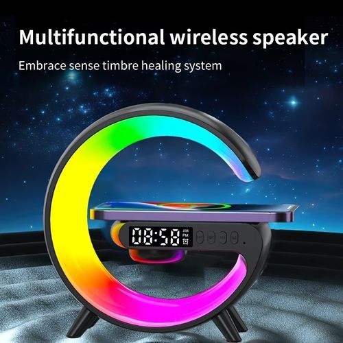 RGB Wireless Charger3-in-1 Wireless Charger with RGB Color Changing Night Light & Wireless Speaker | Alarm Clock Desk Lamp Qi Charging for iPhone Android Samsung | Adjustable Brightness Mood Lighting USB Port Snooze Function Bedside Lamp Ambient Light