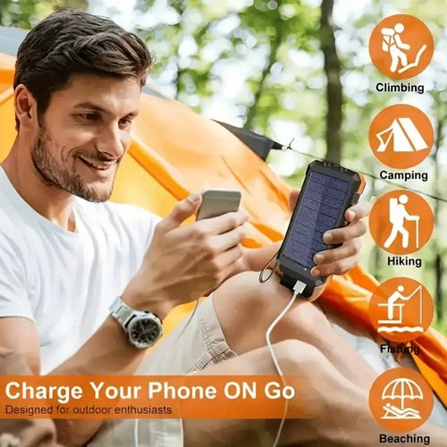 Portable Solar Power Bank | Camping External Battery Charger for Mobile Phones with 2 USBLED Flashlights and Compass for Outdoor Activities