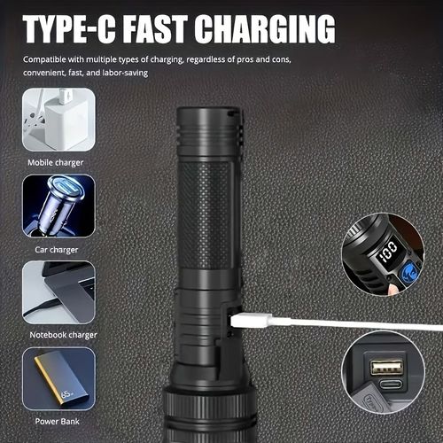 1 Rechargeable Super Bright LED Flashlight | Multi-Functional Outdoor Portable Floodlight with Digital Display, Adjustable Zoom, Type-C Charging, Durable Camping Emergency Light for Camping, Fishing, Hunting.Ip44