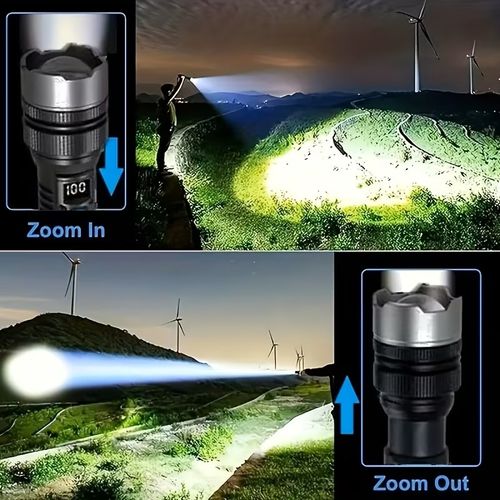 1 Rechargeable Super Bright LED Flashlight | Multi-Functional Outdoor Portable Floodlight with Digital Display, Adjustable Zoom, Type-C Charging, Durable Camping Emergency Light for Camping, Fishing, Hunting.Ip44