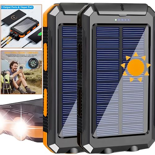 Portable Solar Power Bank | Camping External Battery Charger for Mobile Phones with 2 USBLED Flashlights and Compass for Outdoor Activities