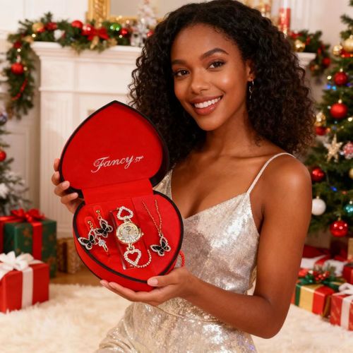 Heart Shaped Butterfly & Crystal Watch Jewelry Set