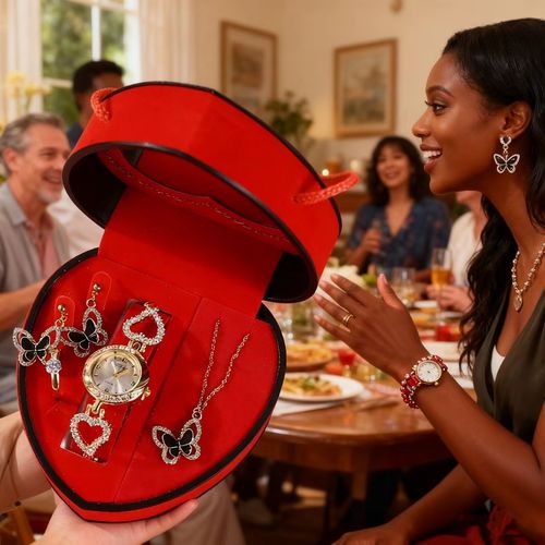 Heart Shaped Butterfly & Crystal Watch Jewelry Set