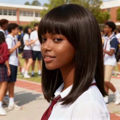 Classic Black Medium-Length Bob Wig with Bangs