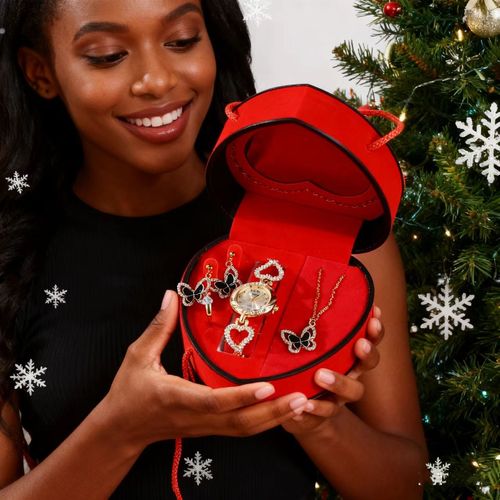 Heart Shaped Butterfly & Crystal Watch Jewelry Set