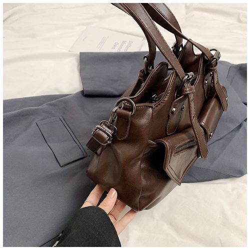 Retro European and American large capacity tote bag 2025 new handbag messenger bag splicing women's bag simple soft leather underarm bag