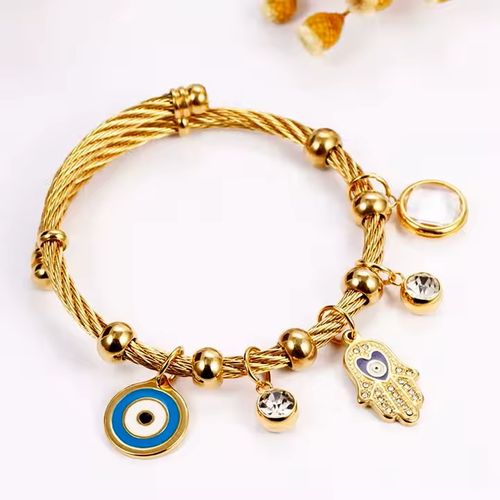 Vintage Style Women Jewelry Gift Accessories Bohemian Diamond Palm Eye Multi Pendant Gold Stainless Steel Bracelet Woman