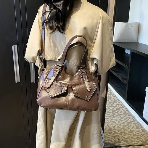 Retro European and American large capacity tote bag 2025 new handbag messenger bag splicing women's bag simple soft leather underarm bag