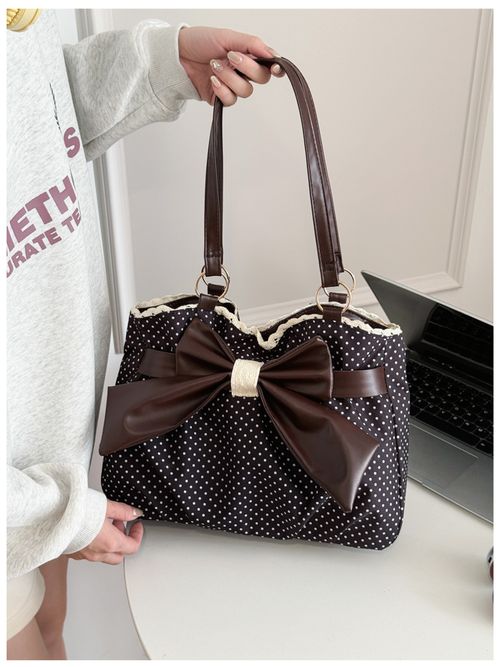 Polka-Dot, High-Capacity Women's Shoulder Bag — Versatile Commuter Style with Bow and Lace Accents