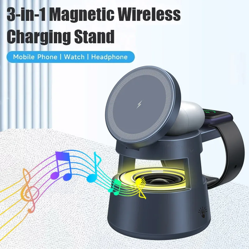 Magnetic 5-in-1 Wireless Charger, suitable for mobile phones, earphones, watches, Bluetooth speakers, and night lights.