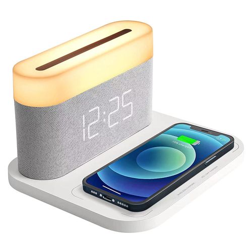 Three-in-one magnetic 15W fast charging wireless charger with touch-sensitive stepless dimming night light, LED time display, and alarm clock function.