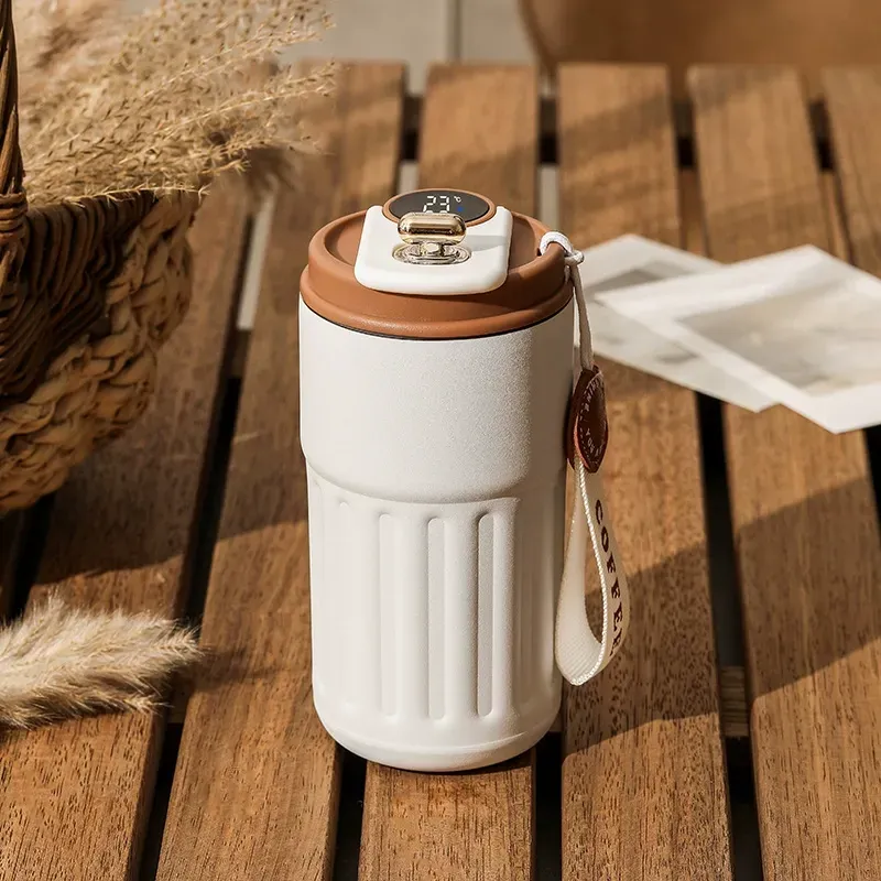 Smart temperature display insulated coffee cup | 316 stainless steel stylish thermos | Portable car travel cup | Perfect gift for coffee lovers, foggy white coffee color