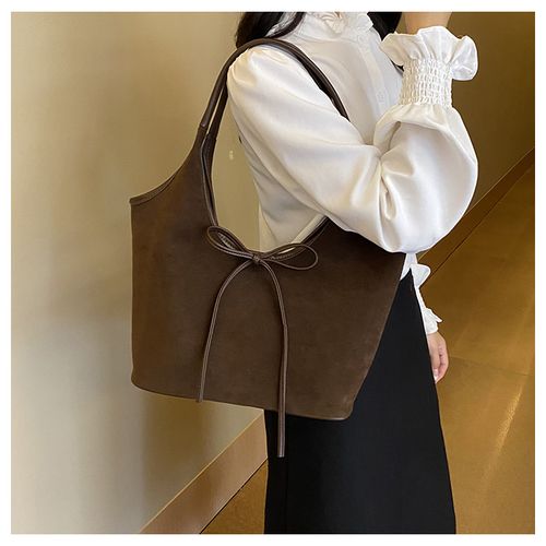 Brown underarm bag with a bow girly heart women's bag 2025 season Korean fashion frosted large capacity tote bag niche retro single