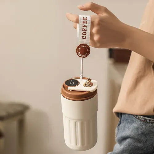 Smart temperature display insulated coffee cup | 316 stainless steel stylish thermos | Portable car travel cup | Perfect gift for coffee lovers, foggy white coffee color