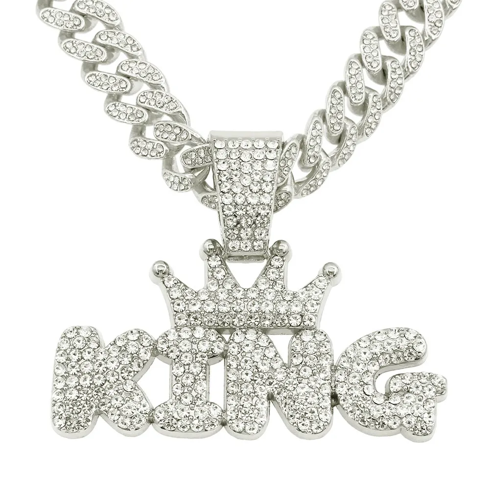 Cuban chain necklace pendant with diamonds, hip-hop style, cool and smooth, King letter pendant necklace, choker, unisex trendy cool Cuban chain accessory.