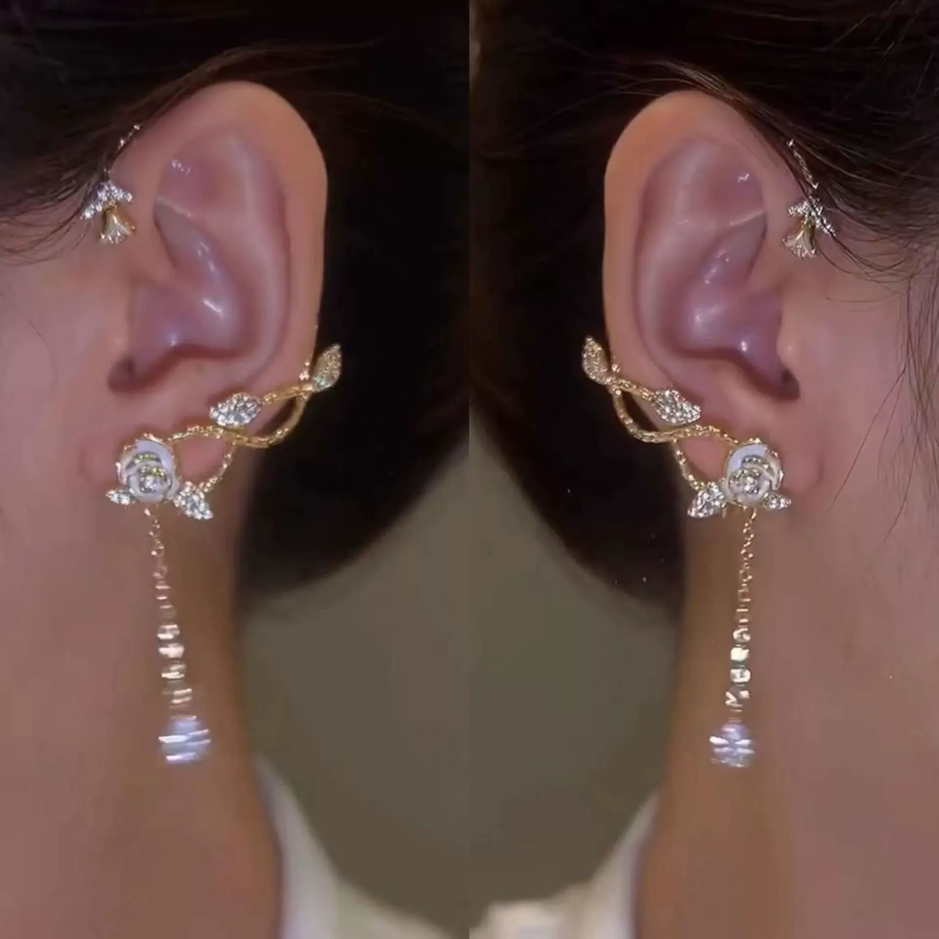 Zircon rose tassel super fairy one-piece ear clip for women without pierced ears, light luxury niche.