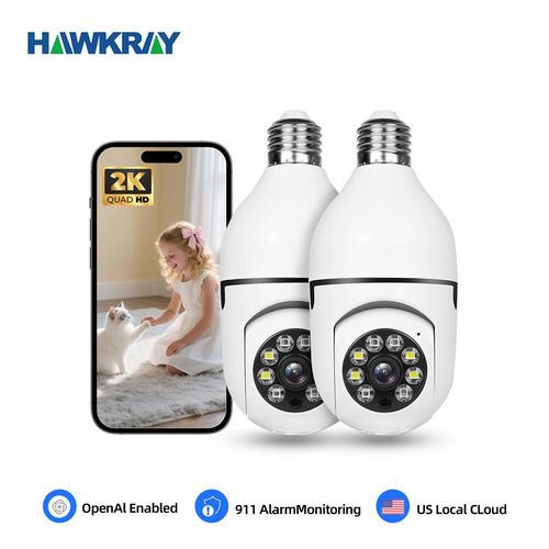 Hawkray 4MP Smart AI Bulb Camera, featuring 911 alarm monitoring, full-color night vision, easy installation, motion detection, two-way audio, and dual-band 5G 2.4G Wi-Fi.