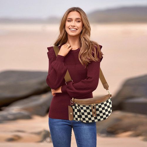 2025 New Design Checkered Pattern Chest Bag  Waist Pack for Women – Trendy Crossbody Sling Bag with Headphone Pocket, Lightweight Fanny Pack & Shoulder Bag, Stylish Unisex Mini Bag