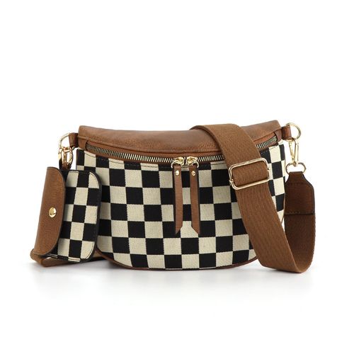 2025 New Design Checkered Pattern Chest Bag  Waist Pack for Women – Trendy Crossbody Sling Bag with Headphone Pocket, Lightweight Fanny Pack & Shoulder Bag, Stylish Unisex Mini Bag