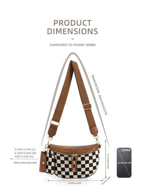 2025 New Design Checkered Pattern Chest Bag  Waist Pack for Women – Trendy Crossbody Sling Bag with Headphone Pocket, Lightweight Fanny Pack & Shoulder Bag, Stylish Unisex Mini Bag