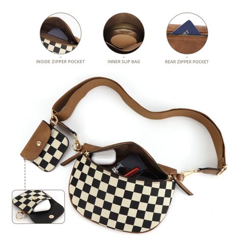 2025 New Design Checkered Pattern Chest Bag  Waist Pack for Women – Trendy Crossbody Sling Bag with Headphone Pocket, Lightweight Fanny Pack & Shoulder Bag, Stylish Unisex Mini Bag