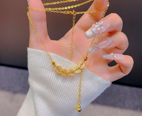 Necklace that means getting rich, hot-selling sand gold necklace with diamond coins, small gourd tassels, Qian Duoduo Five Emperors Coins clavicle necklace, niche light luxury high-end