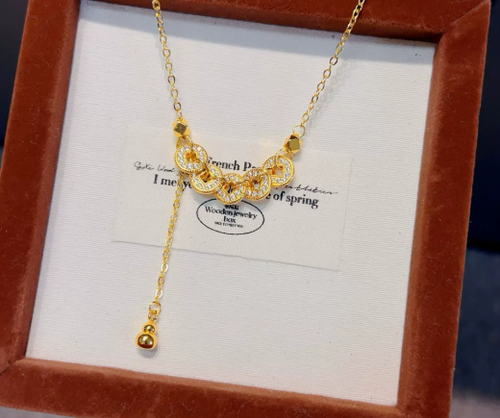 Necklace that means getting rich, hot-selling sand gold necklace with diamond coins, small gourd tassels, Qian Duoduo Five Emperors Coins clavicle necklace, niche light luxury high-end