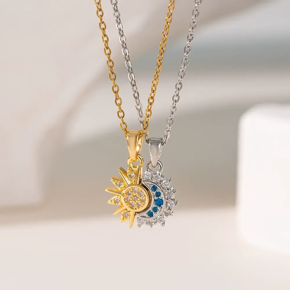 Personalized retro design Sun and Moon Magnetic Necklace with Diamonds