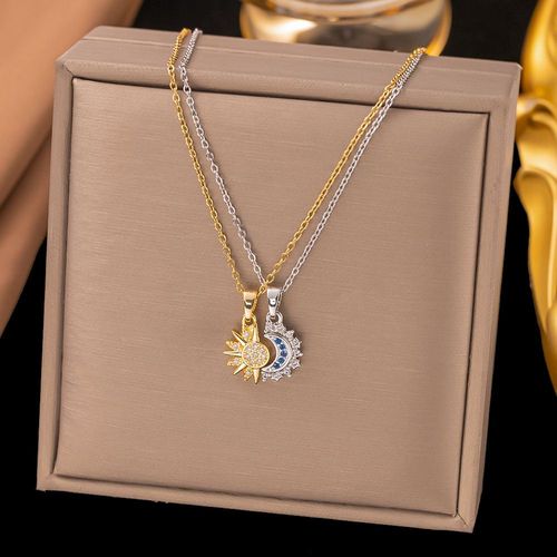 Personalized retro design Sun and Moon Magnetic Necklace with Diamonds