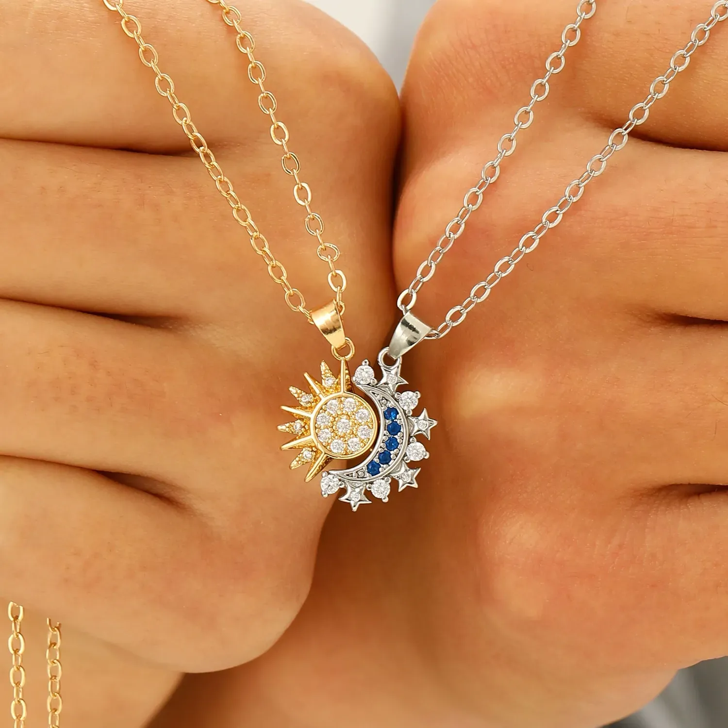 Personalized retro design Sun and Moon Magnetic Necklace with Diamonds