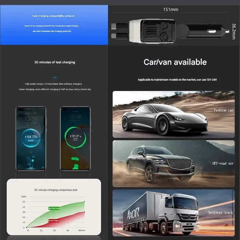 Super fast charging 120W telescopic car charger with four functions for Android and Apple