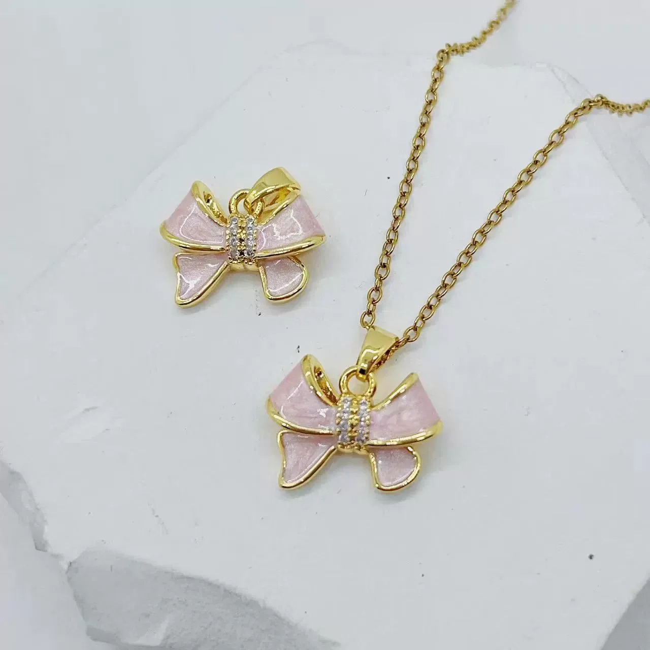 Pink bow pendant titanium steel clavicle chain versatile sweet bow necklace jewelry