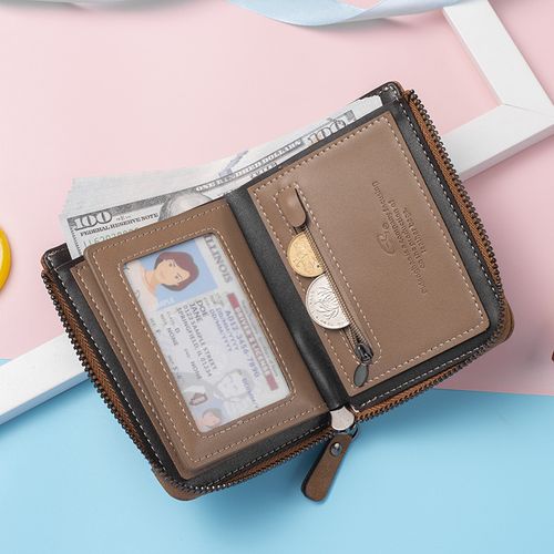 Men's high-end short wallet, card holder, leather wallet with zipper, casual leather coin purse.